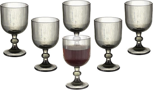 Vintage Wine Glasses Set of 6, 11 Ounces Colored Glass Water Goblets, Unique Embossed Pattern High Clear Stemmed Glassware Wedding Party Bar Glass Drinking Cups Fancy Glasses Vertical Line Grey