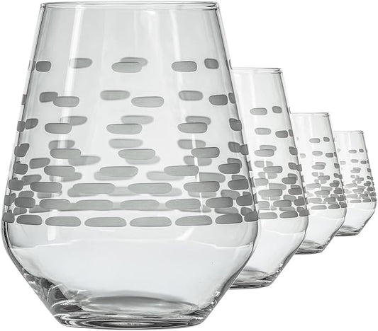 Rolf Glass Strata Stemless Wine Tumbler | Made in America | 18oz Stemless Wine Glass | Diamond Engraved Crystal Glass | Geometric Brick Design | Set of 4