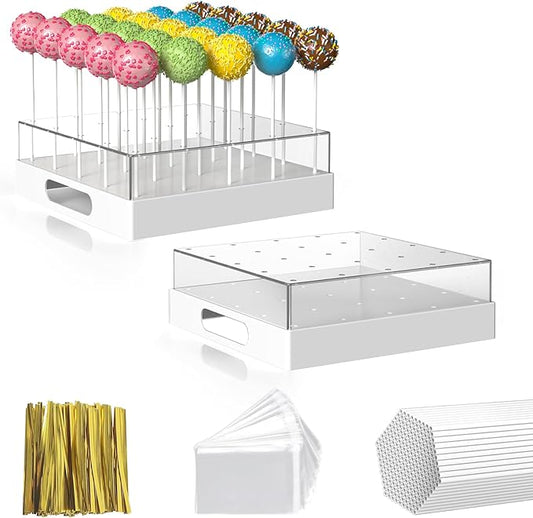 2 Pack Cake Pop Stand,25 Holes Clear Cake Pops Display Holder,Cake Pop Sticks Kit, Candy Pop Holder,cake pop mold for Party,Wedding,Birthday(White,2-Pack)