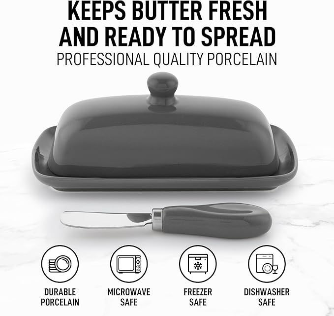 Zulay Butter Dish With Lid For Countertop - Porcelain White, Ceramic Butter Dish with Knob Handle Great for Cooking - Elegant Design Butter Holder - Durable & Sturdy Butter Keeper - Gray