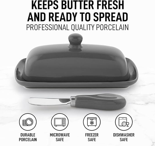 Zulay Butter Dish With Lid For Countertop - Porcelain White, Ceramic Butter Dish with Knob Handle Great for Cooking - Elegant Design Butter Holder - Durable & Sturdy Butter Keeper - Gray
