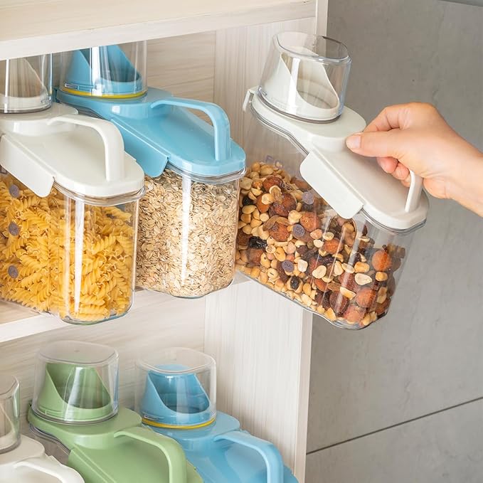 2 PCS Cereal Storage Containers, 1.5L/51oz Dry Food Rice Holder, Pet Dog Cat Food Dispenser with Measuring Cup, BPA Free Clear Plastic Kitchen Pantry Organization Bin, 1 Blue+1 White