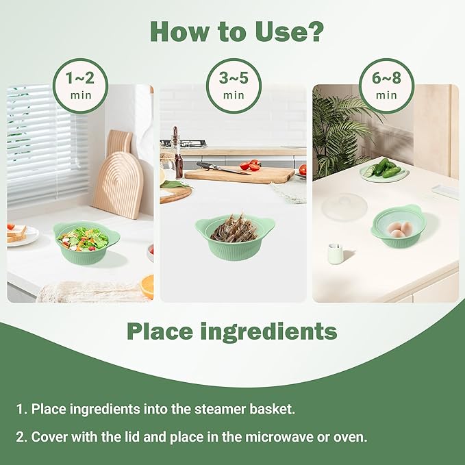 Silicone Microwave Steamer - Microwave Pot Steamer Basket Bowl for Baby Food, Vegetables & Dumplings, Compact & Lightweight Design, Oven & Dishwasher Safe (Green, S 20oz(600ml))