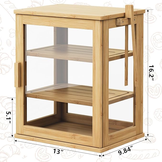 WOWLIVE Bamboo Bread Box for Kitchen Countertop, Large 3 Layers Bread Storage Container for Homemade Bread with Window, Farmhouse Breadbox Organizer for Kitchen, Cabinet, Pantry (Natural, Meduim)