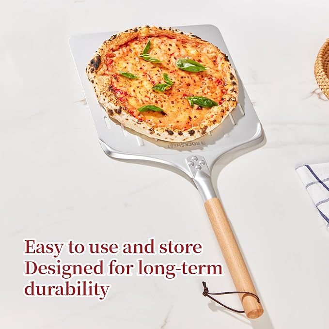 Pizza Peel 12 Inch - Anodized Aluminum Pizza Spatula with Wooden Handle - Ideal for Pizza Oven & Baking, Lightweight Pizza Turning Peel for Baking pizza Bread Pizza Oven Accessories Tools