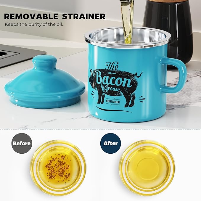 PGYARD Mini Bacon Grease Container With Strainer - 15OZ Enamel Grease Saver, Farmhouse Bacon Grease Keeper For Kitchen Fat Storage, Dishwasher Safe-Light Blue