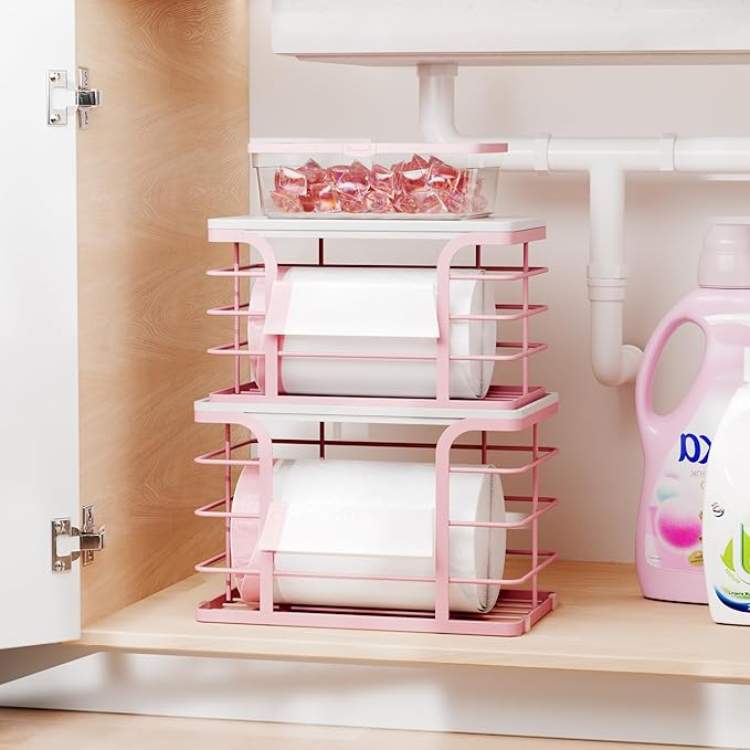 2 Pack Trash Bag Holder with Bamboo Top,Stackable Storage Bathroom Organizer Kitchen Laundry Pantry Organizers for Countertop Organization,Pink