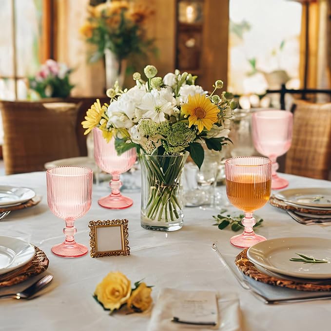 Pink Vintage Wine Glasses Set of 6, 11 Ounces Colored Glass Water Goblets, Unique Embossed Pattern High Clear Stemmed Glassware Wedding Party Bar Glass Drinking Cups Fancy Glasses Hand Wash Only