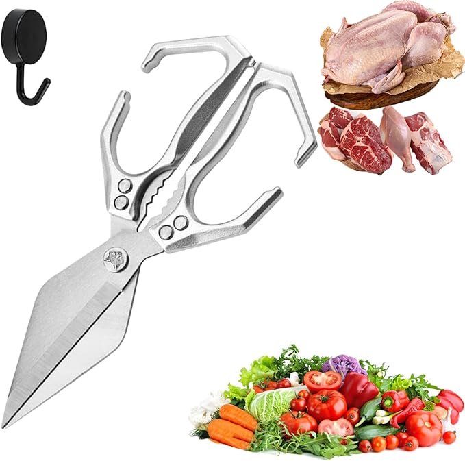 Seattleget Multifunctional Heavy-Duty Kitchen Shears, High-Carbon Steel 9.25" Multipurpose Kitchen Scissors for Chicken, Meat & Veggies, Ergonomic Non-Slip Handle, Built-in Nut Cracker (Silver)