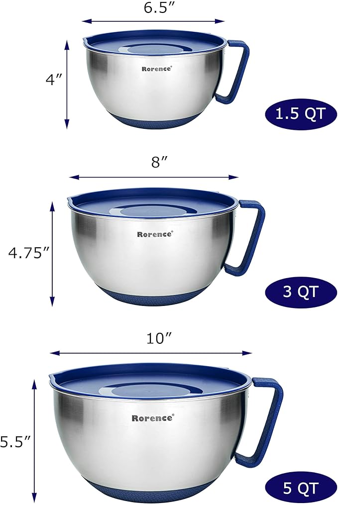 Rorence Mixing Bowls Set: Stainless Steel Non-Slip Bowls with Pour Spout, Handle and Lid - Set of 3 - Blue