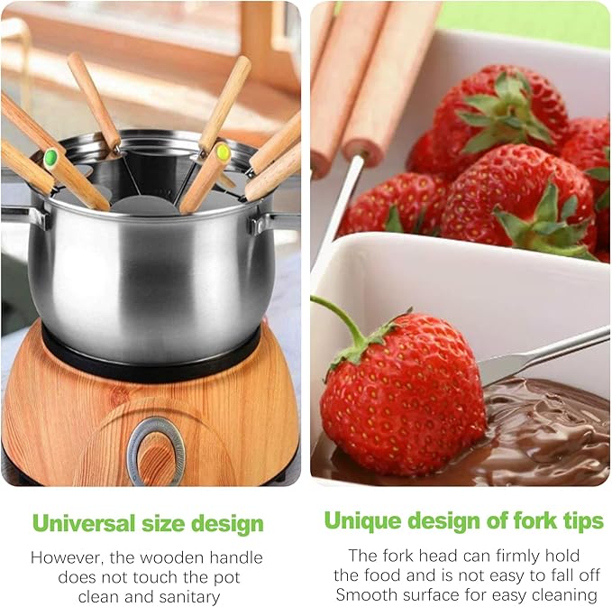 ZukoCert 6Pcs Stainless Steel Fondue Forks, Color-Coded 9.5 Inch Fondue Sticks with Wooden Handle, Heat Resistant Skewers for Cheese, Chocolate Fountain, Roast Marshmallows, Fruits