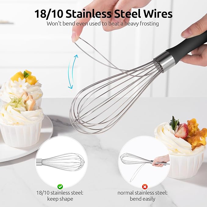 U-Taste Balloon Whisk for Cooking: 18/10 Stainless Steel Kitchen Wire Whisk, Medium Heavy Duty Egg Beater, Manual Baking Mixing Tool with 8 High Flex Wires for Stirring, Blending Sauce (Black)