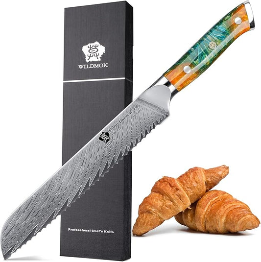 WILDMOK Serrated Damascus Steel Bread Knife, 8 inch, Full Tang Ultra Sharp, Resin Handle, Gift Box