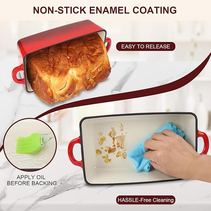 9x5 Inch Enameled Cast Iron Loaf Pan with Lid | 2 in 1 Homemade Sourdough Bread Baking Pan for Homemade Bread, Cake, Meatloaf | Durable 2 Piece Set, Red color