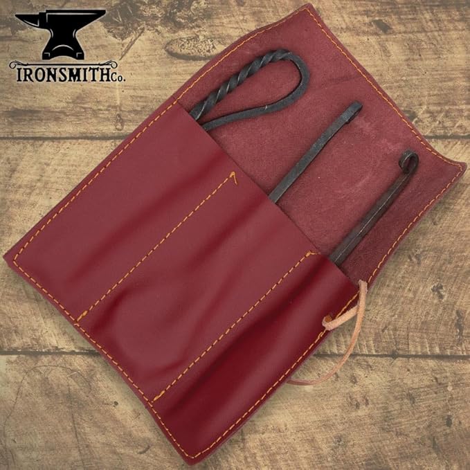 The Ironsmith Co. Pioneer Dining Set | Hand-Forged High-Carbon Steel | Blackened Antique Finish | Twisted Handle Design | Includes Knife, Spoon, Fork | Folding Leather Storage Pouch | 8" Overall