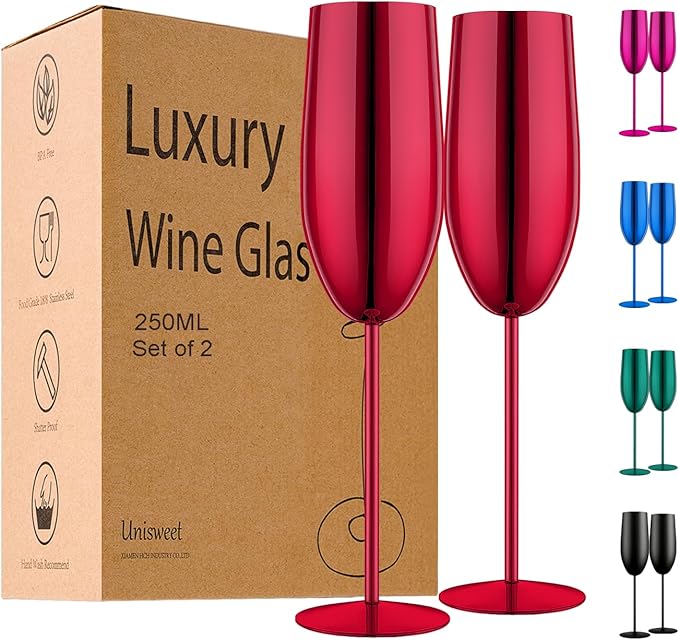 Champagne Glasses Set of 2 Stainless Steel Champagne Flutes Wedding Gifts for Bride 8.5 oz Unbreakable Champagne Glasses for Party Wedding Christmas Anniversary Brithday (Red)