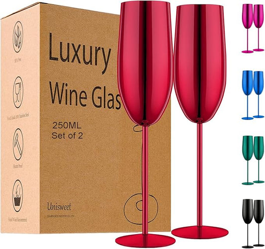 Champagne Glasses Set of 2 Stainless Steel Champagne Flutes Wedding Gifts for Bride 8.5 oz Unbreakable Champagne Glasses for Party Wedding Christmas Anniversary Brithday (Red)