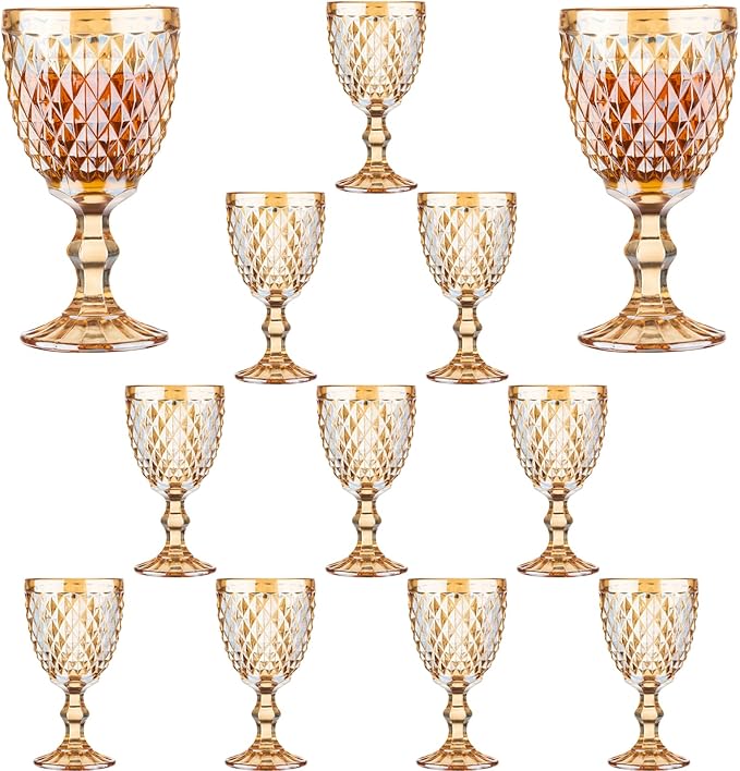 12 Pcs Vintage Wine Glasses, 10 Ounce Colored Glass Water Goblets, Unique Embossed Pattern High Clear Stemmed Glassware Wedding Party Bar Glass Drinking Cups, Diamond Amber Glasses Set of 12