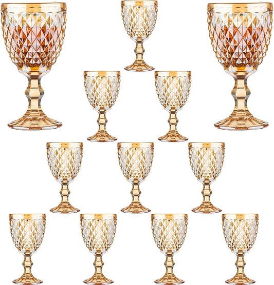 12 Pcs Vintage Wine Glasses, 10 Ounce Colored Glass Water Goblets, Unique Embossed Pattern High Clear Stemmed Glassware Wedding Party Bar Glass Drinking Cups, Diamond Amber Glasses Set of 12