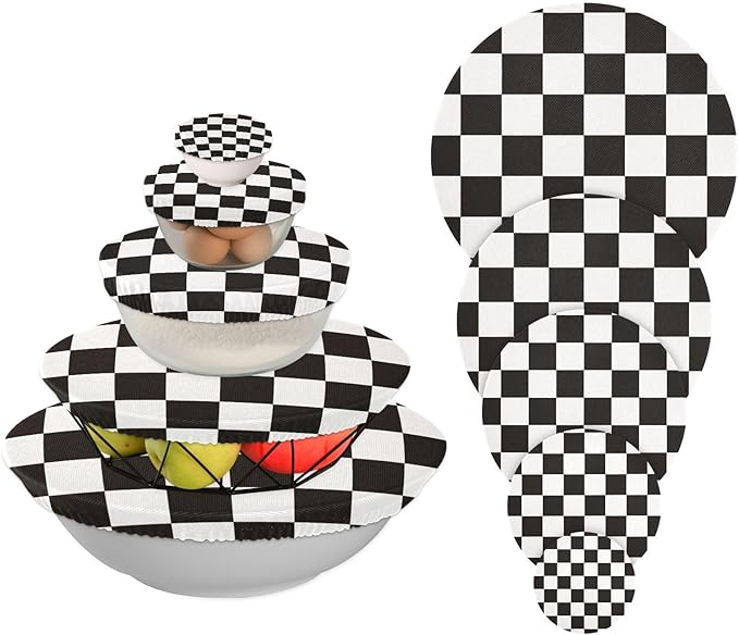 5 Pcs Bowl Covers Reusable in 5 Size Elastic Food Cover Cloth Lids Fresh Keeping Dish Cookware Bakeware Fabric Covers Lids for Food Leftovers Fruits Storage Checkered Black