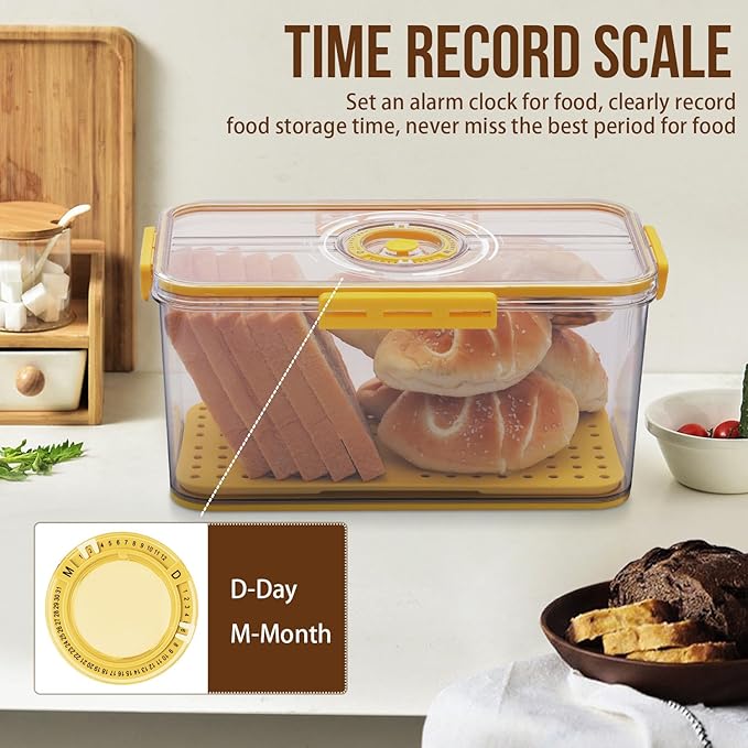 Bread Box Bread Boxes for Kitchen Counter Airtight, Time Recording Bread Storage Container with Lid, Bread Keeper for Homemade Bread, Toast, Bagel, Donut and Cookies, LARGE Yellow