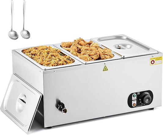 WILPREP Single-Well Commercial Food Warmer with Three 1/3 Pans, Electric Warmer for Food with Adjustable Temp. & Auto Shutoff, Stainless Steel Food Heating Unit for Buffet Food Truck Hotel Catering