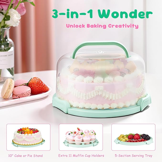 Cake Carrier With Lid And Handle, Bpa-Free Cake Holder With Lid For 10 Inch Round Cake Carrier With 10 pcs Round Golden Cake Boards And Portable Insulated Bag