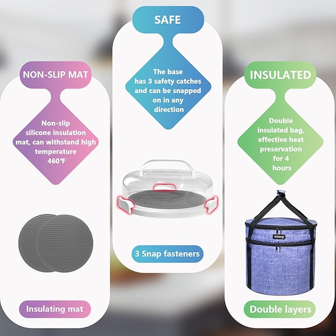 2 Pack Pie Containers with Lids and Handles, Includes Insulated Bags and Non-Slip Heating Pads, BPA Free Pie and Cheesecake Containers, Thanksgiving Gifts (Purple)