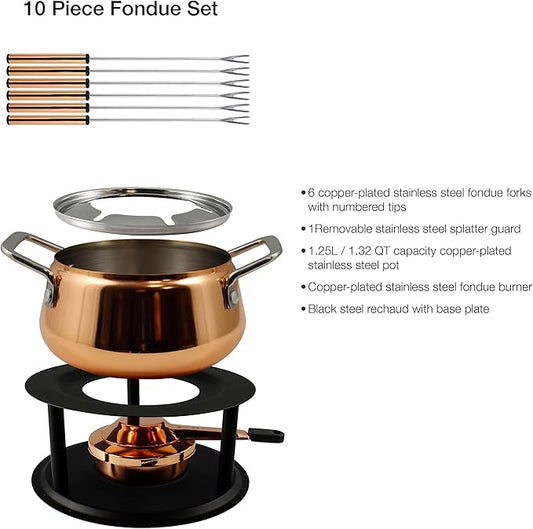 Swissmar Peak 10-Piece Copper-Plated Stainless Steel Fondue Set - Ideal for Oil & Broth Fondue - Perfect for Kitchen Collection & Wedding Gift Giving - 1.25 Liter / 1.32 Quarts