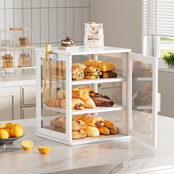 WOWLIVE Bread Box for Kitchen Countertop, Large 3 Layers Bread Storage Container for Homemade Bread with Window, Farmhouse Breadbox Organizer for Kitchen, Cabinet, Pantry (White, Extra Large)