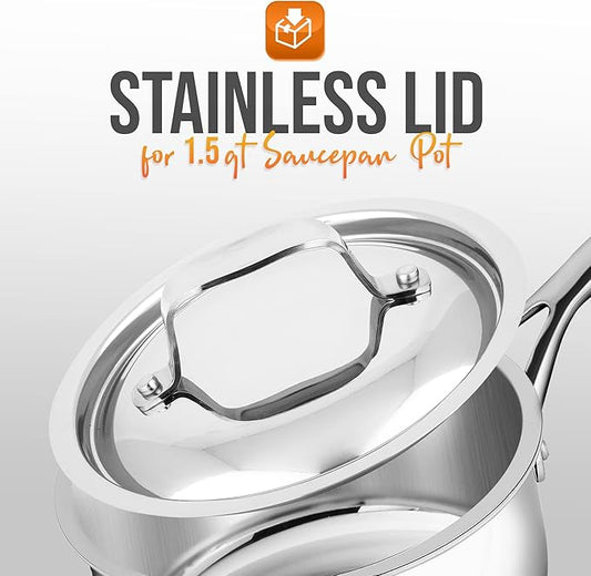 NutriChef Stainless Steel Saucepan Lid - Sturdy and Durable Stain-Resistant 1.5 Quart Kitchen Cookware Saucepot Lid w/ Handle - Works w/ Kitchenware Pots & Pans Set Model NCSSX45