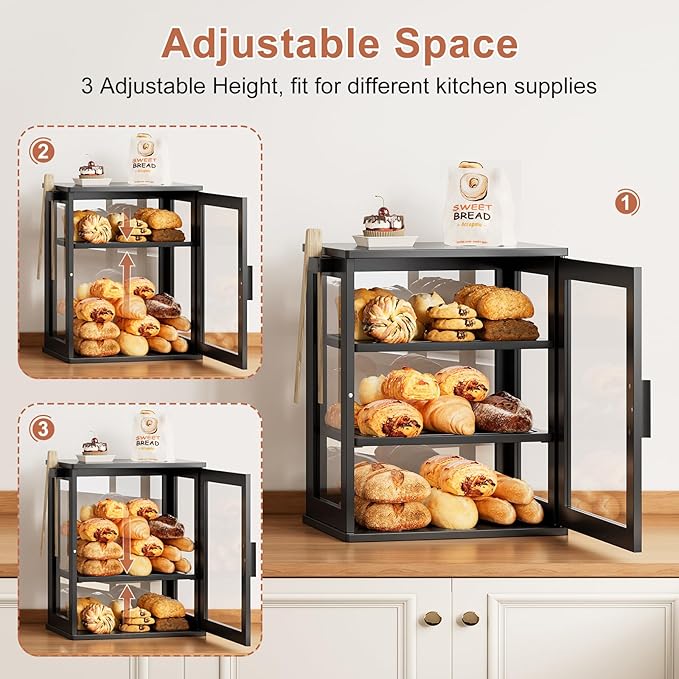 WOWLIVE Black Bread Box for Kitchen Countertop, Large 3 Layers Bread Storage Container for Homemade Bread with Window, Farmhouse Breadbox Organizer for Kitchen, Cabinet, Pantry (Black, Meduim)