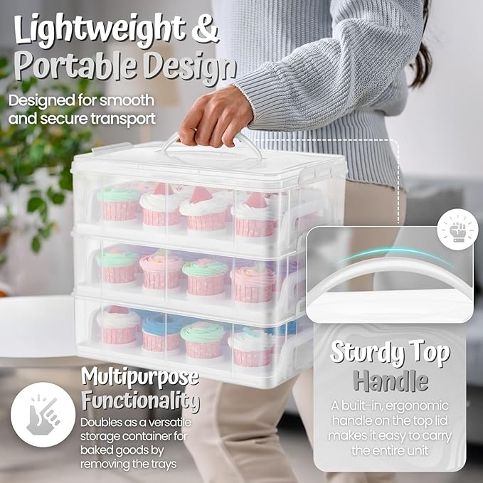 Flexzion 36 Cupcake Carrier 3 Tier Stackable Storage Container Collapsible Cake Carrier with Lid and Handle, Reusable Rectangular Plastic Dessert Travel Container, Display Holder Transport Box (Clear)