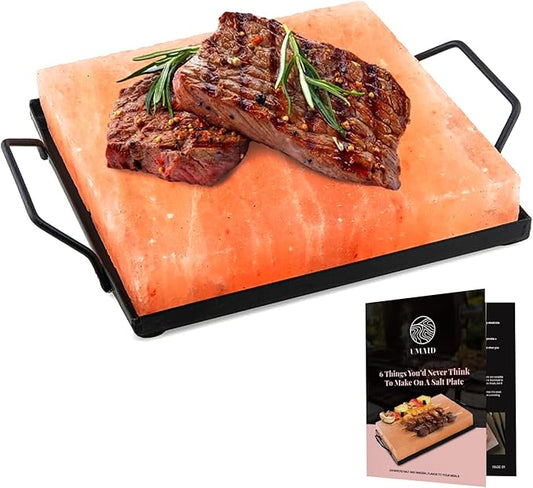 UMAID Himalayan Salt Block Cooking Plate 8x8x1.5 for Cooking, Grilling, Cutting and Serving, Food Grade Rock Salt Stone On Steel Tray with Recipe Pamphlet Unique Gifts for Men, Women, Dads & Cooks