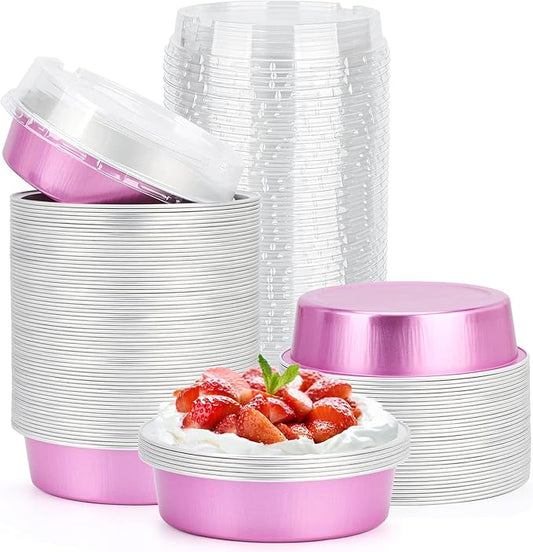 Beasea Disposable Mini Pans with Lids, 100 Pack 4” 8oz Pink Aluminum Baking Pie Foil Tins Small Round Tart Cups Containers for Individual Cupcake Muffin Cheesecake Dessert Ramekins Quiche Oven Dishes