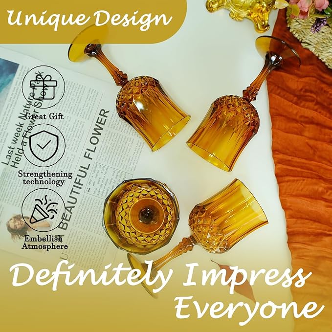 Plastic Wine Glasses,100PCS Amber Plastic Goblets Vintage Style Cordial Drinking Glasses for Wedding Reception, Grand Event Party Supplies (100, Amber)