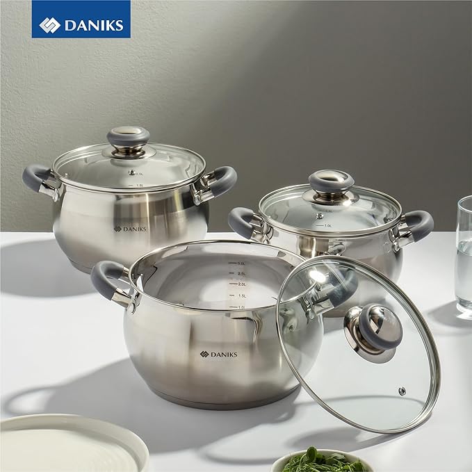 Daniks Modern 6-Piece Stainless Steel Induction Cookware Set – Dishwasher Safe Pots with Heatproof Handles, Glass Lids, Silver