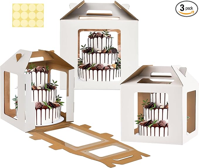 XININSUN 3 Pack Tall Cake Boxes for Tier Cake with 6 windows 14X14x14 Inch cake transport container,Bakery Take Out Transport Containers Tall Cake Carrier with Handle for Wedding, Birthday, Party