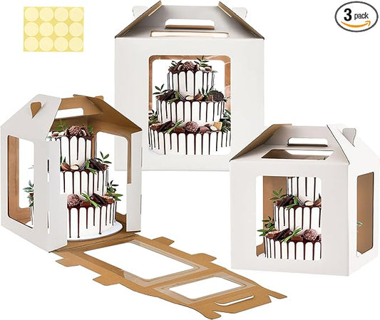 XININSUN 3 Pack Tall Cake Boxes for Tier Cake with 6 windows 14X14x14 Inch cake transport container,Bakery Take Out Transport Containers Tall Cake Carrier with Handle for Wedding, Birthday, Party