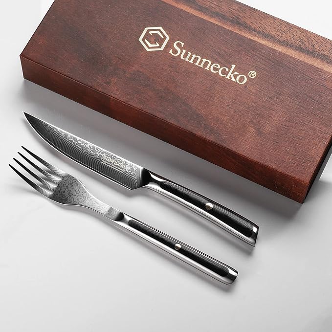 Sunnecko Damascus Steak Knife Set Non Serrated, Japanese VG10 Stainless Steel Steak Knife and Fork Set of 2, 5 Inch Steak Knives G10 Handle with Gift Box