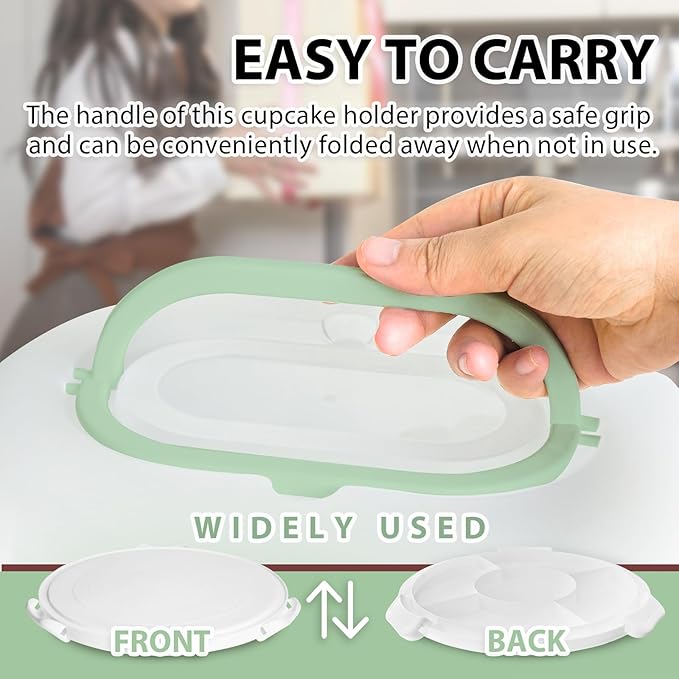 Green Plastic Cake Carrier with Lid and Handle, 4 in 1 Multipurpose Cupcake Holder Stand for 11 '' Cake, Round Portable Dessert Storage Container Box with Cover for Pie Pizza Eggs Fruit Snack