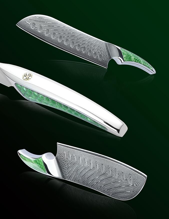 7 inch Santoku Knife, Japanese VG-10 Damascus Steel Chef Knife, Ultra Sharp Kitchen Knife with Full-tang Handle in Green Resin, LA-S9 Series