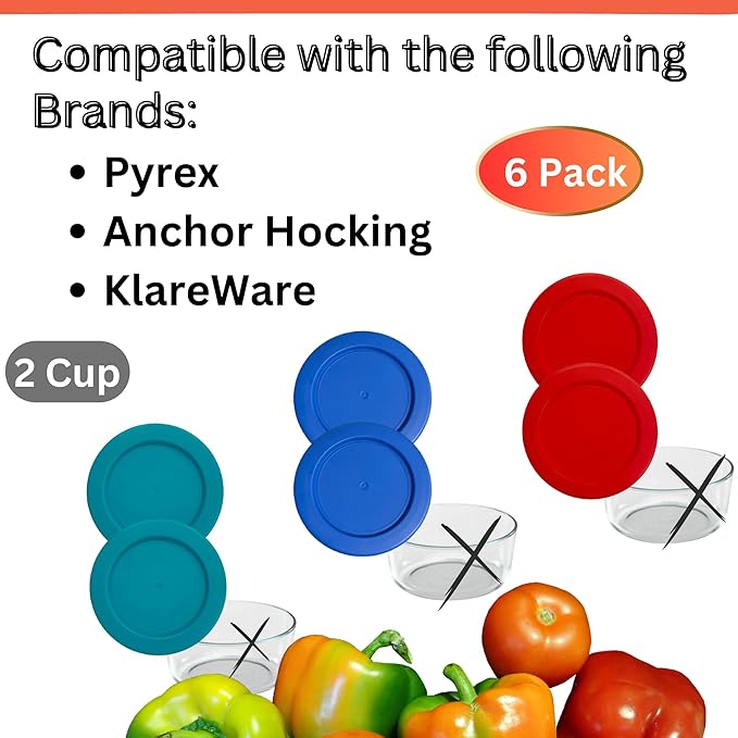 2 Cup/470 mL Turquoise, Blue, Red Replacement Lids/Covers for Pyrex 7200-PC, 16oz Anchor Hocking & Klare Ware Storage Bowls *Lids Only* - *Glass Container Not Included* (6 Pack, Turquoise/Blue/Red)