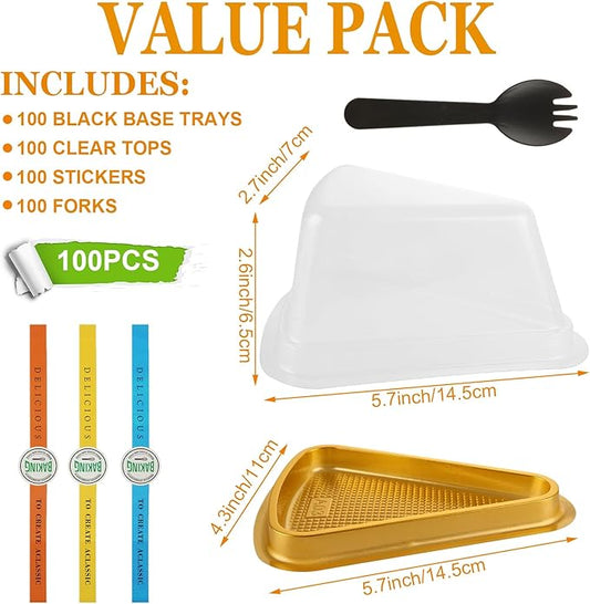 100Pcs Individual Cake Slice Containers, Pie Slice Containers Disposable, Cheesecake Container with Lid Sticker and Fork, Clear Triangle Cake Boxes for Pies Snack Dessert, Gold