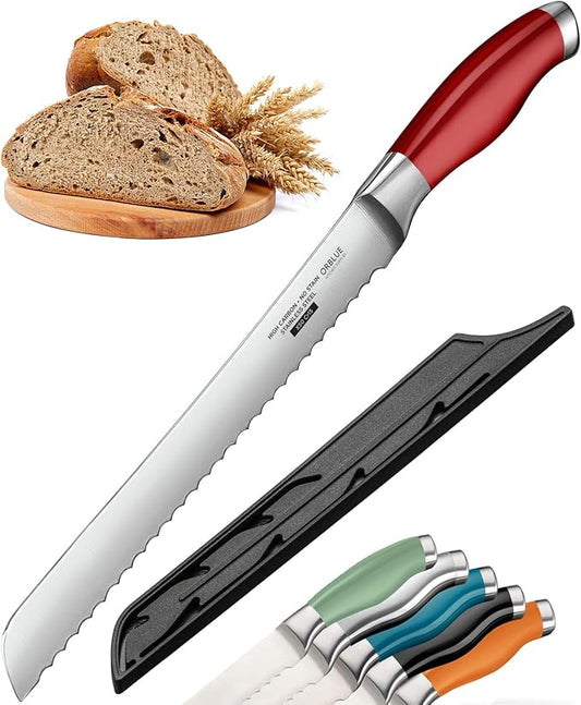 Orblue Serrated Bread Knife with 10-inch Upgraded Stainless Steel Razor Sharp Wavy Edge Width - Bread Cutter Ideal for Slicing Homemade Bagels and Cake, Red