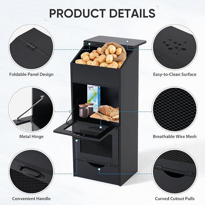 Verano Garden Potato Storage Bin, Wood Bread Box with Lid, Farmhouse Potato and Onion Storage Bin with Mesh Doors, Fruit and Vegetable Storage Rack with Removable Drawer (Black, 16.0")