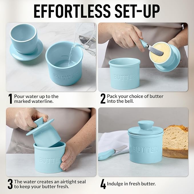 Zulay Kitchen Porcelain Butter Crock With Lid & Knife - Authentic French Butter Dish For Fresh & Spreadable Butter - Light Blue