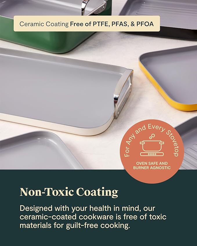 Caraway Square Cookware Set - Square Pans Set - Perfect for Griddling, Toasting, Searing, Roasting, and More - Non-Stick Ceramic Coated Pans - Non Toxic, PTFE & PFOA Free - Perracotta