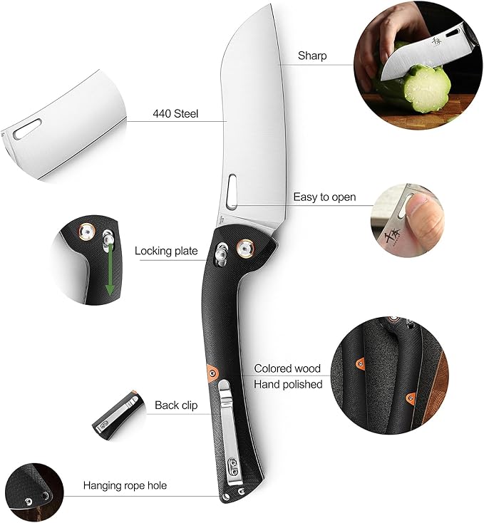 SENBON 440 Stainless Steel Super Sharp Pocket Folding Chef Utility Knife - Peeling, Fruit Knife - G10 Handle