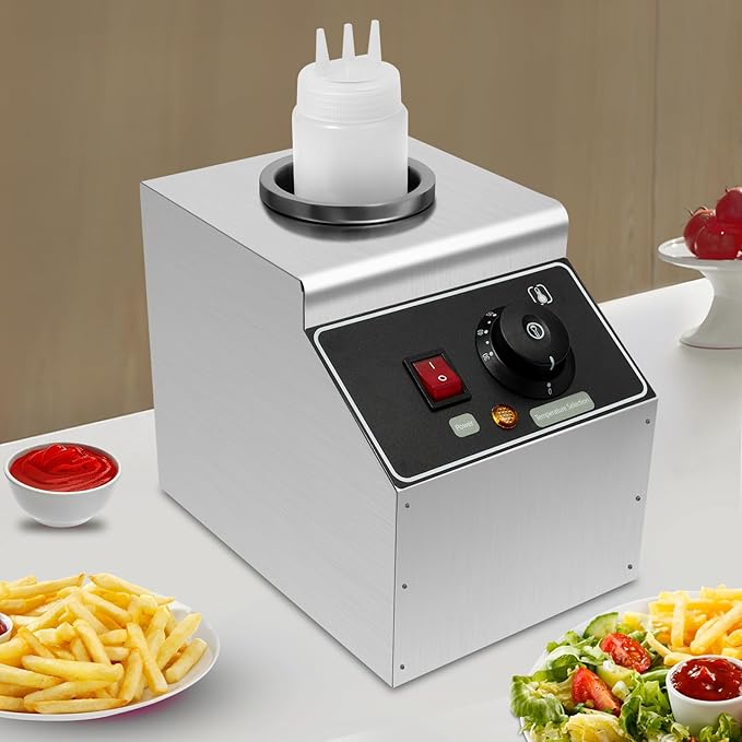 Electric Nacho Cheese Warmer Machine 1 Pot Commercial Hot Fudge Dispenser Stainless Steel Hot Chocolate Dispenser with 1 Sauce Squeeze Bottles for Cheese Caramel Jam Ketchup 80W (1 Pot)